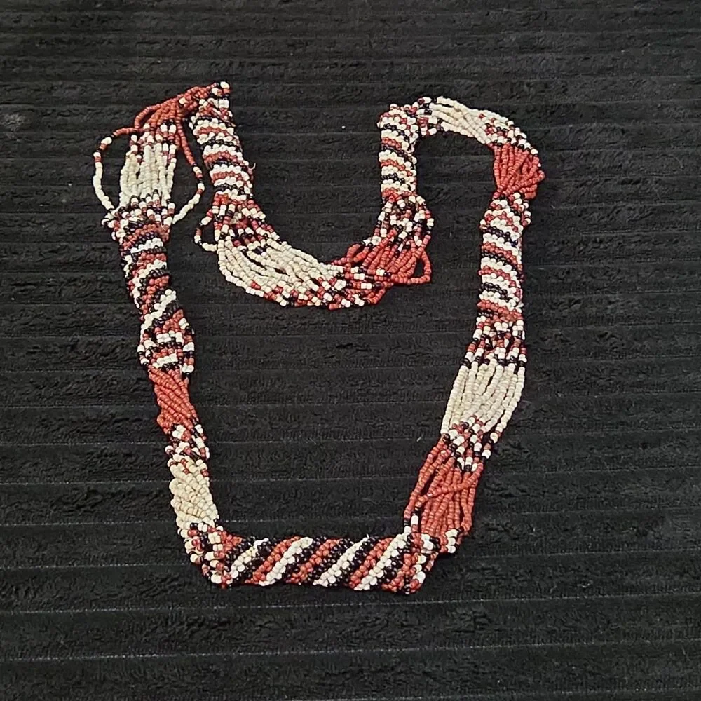 Multi-Strand Seed Bead Twisted Necklace Red Black Boho EUC